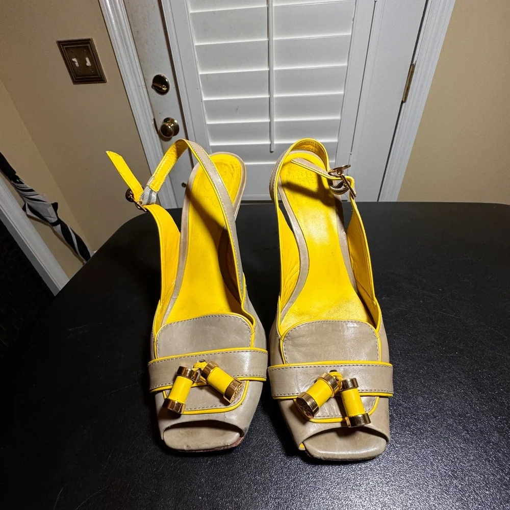 Tory Burch size 10  leather yellow / tan wedge slingback sandal